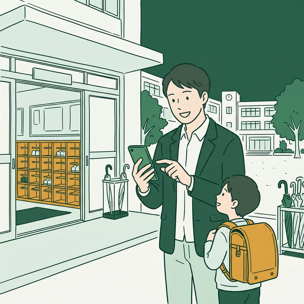 学校の玄関で、子どもと一緒にスマホから入会届を出す保護者