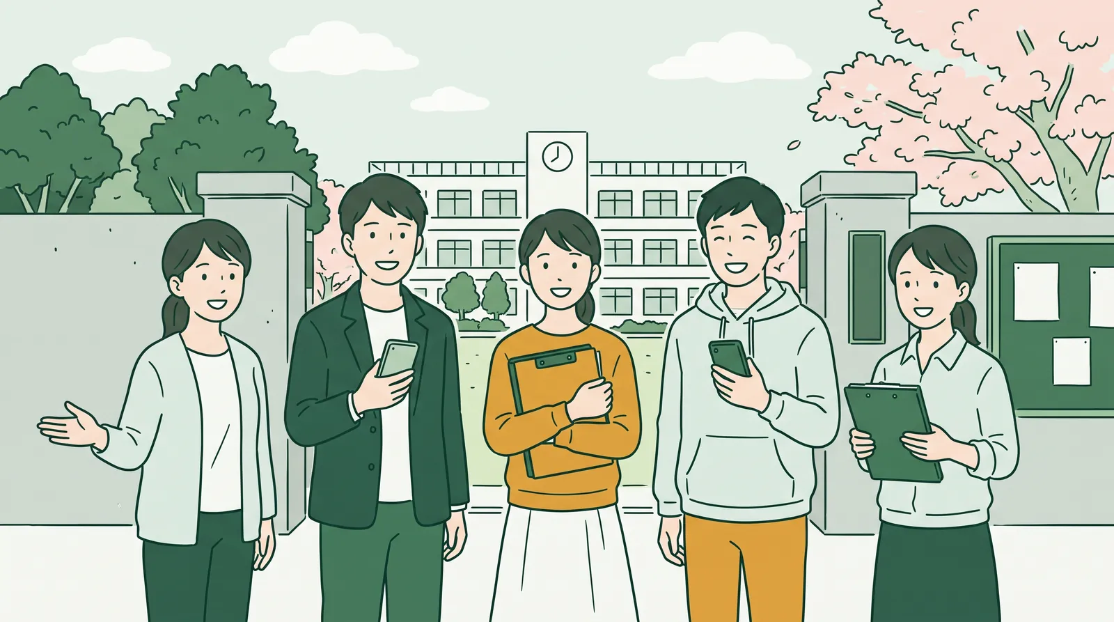 校門の前で笑顔で並ぶ、スマホや名簿を手にしたPTAの役員たち